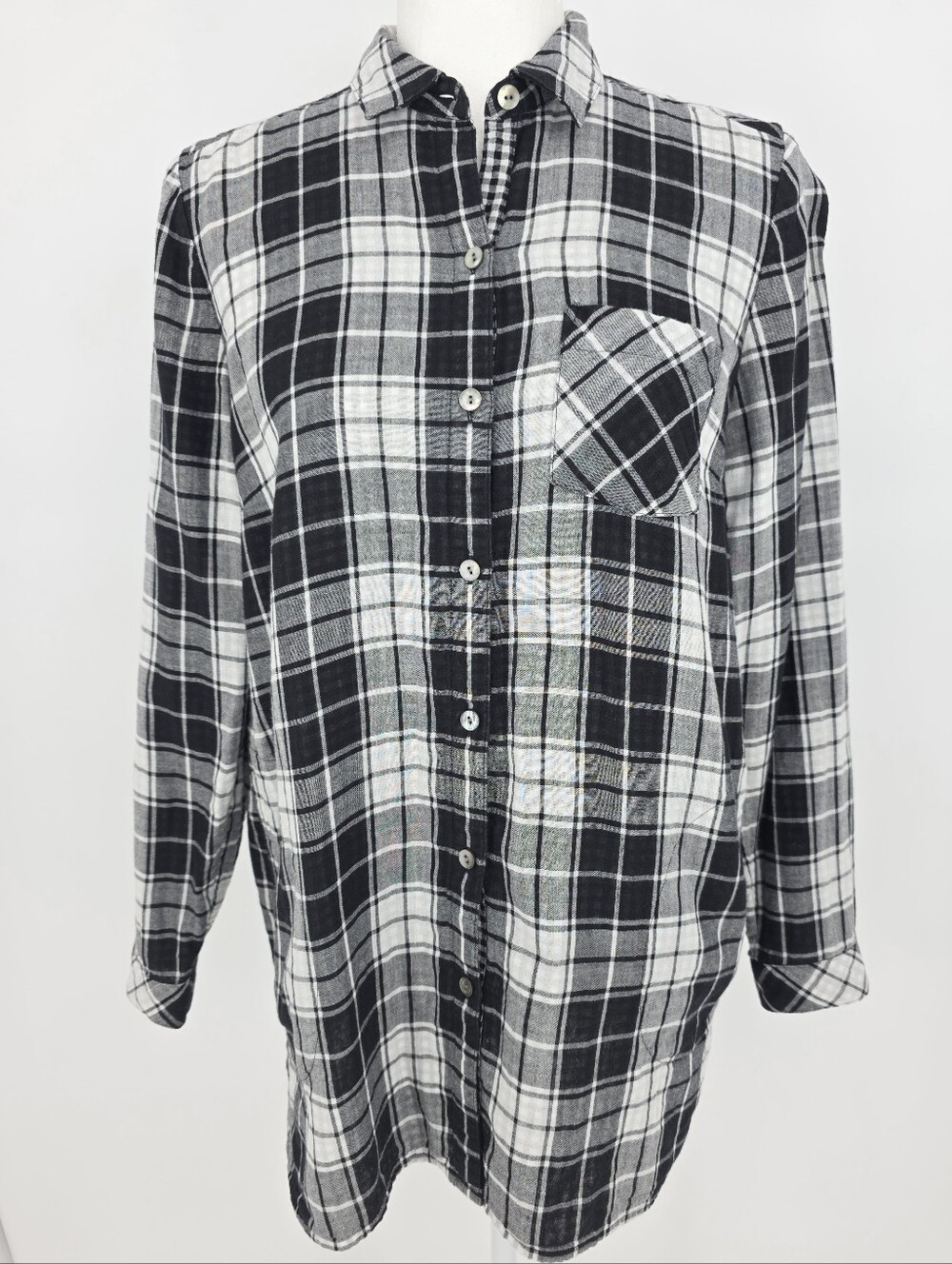 J.Jill XS Black White Plaid Cotton Button Front Shirt Tunic Pocket Casual